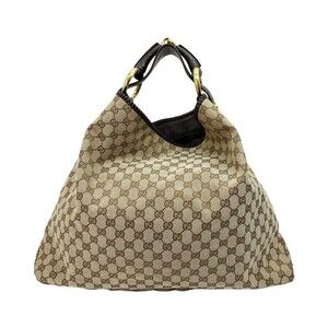 GUCCI GG Canvas Horsebit Hobo Bag Beige Tan Brown